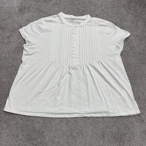 Lands' End Pleated Henley Blouse Women Large White Cotton Blend Short Sleeve Top